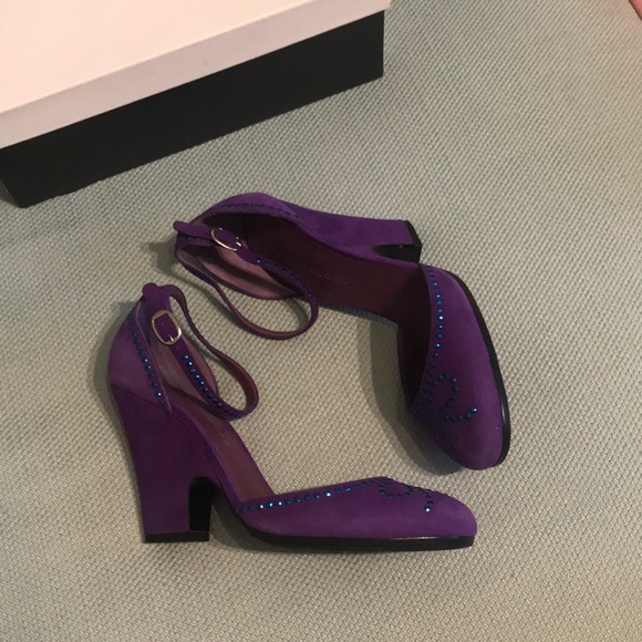 Vintage Marc Jacobs Purple Suede Rhinestone Bow Wedge Heel - Picture 4 of 11